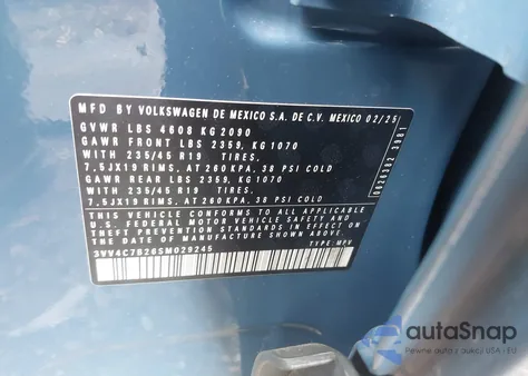 2025 Volkswagen Taos 1.5T Sel from USA, damaged, VIN 3VV4C7B26SM029245